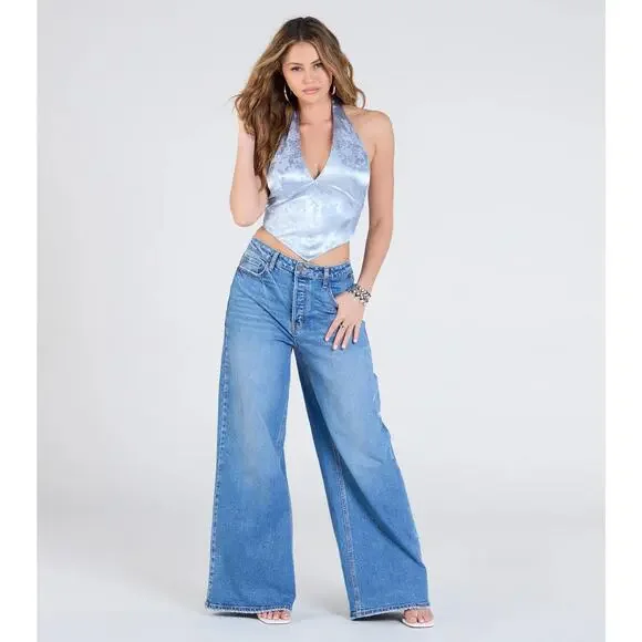 Windsor Satin Jacquard Halter Top Gray Silver Women's Large Tie Y2K Party Baddie - Picture 7 of 16